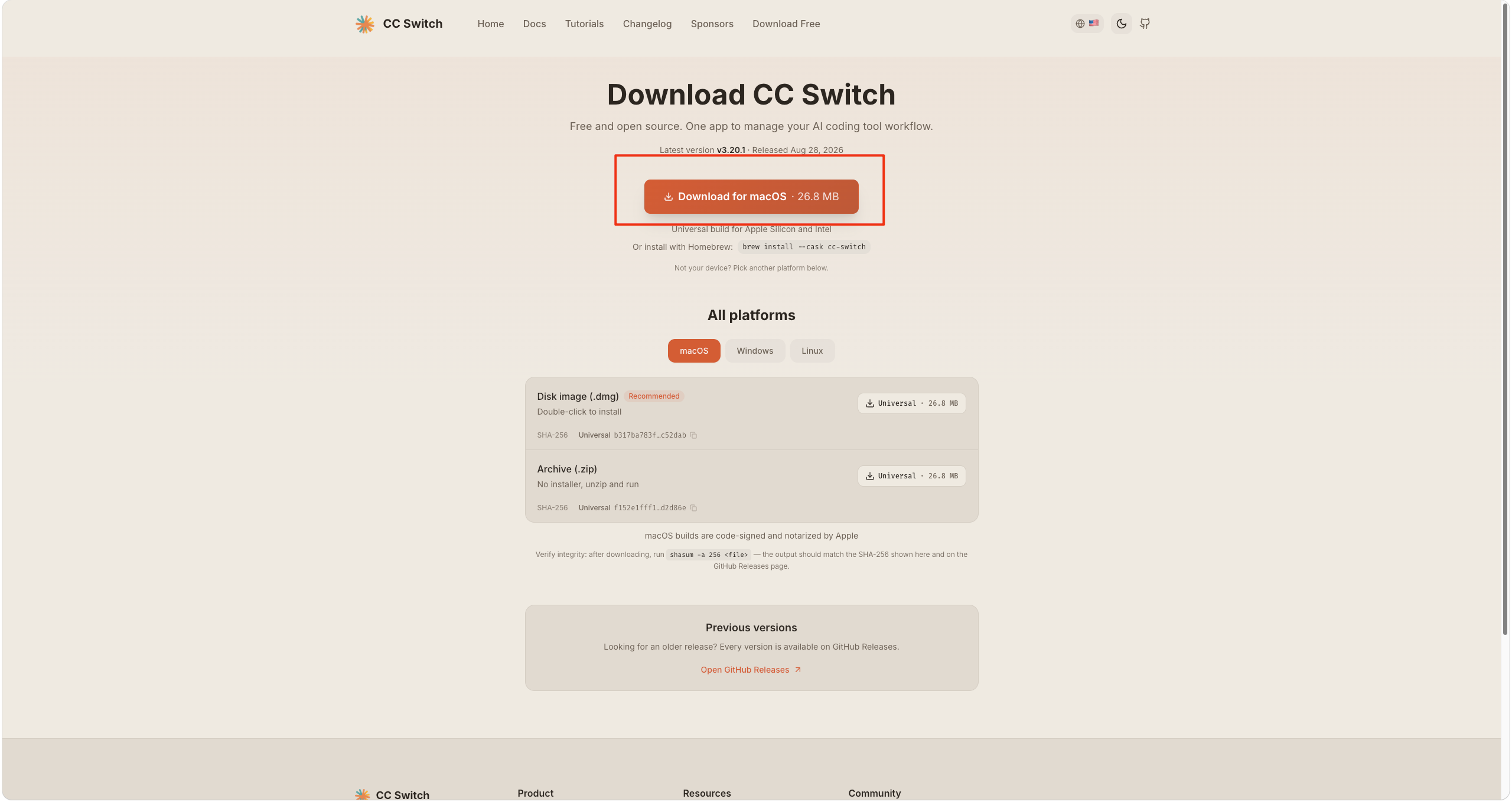 CC Switch official macOS download screenshot